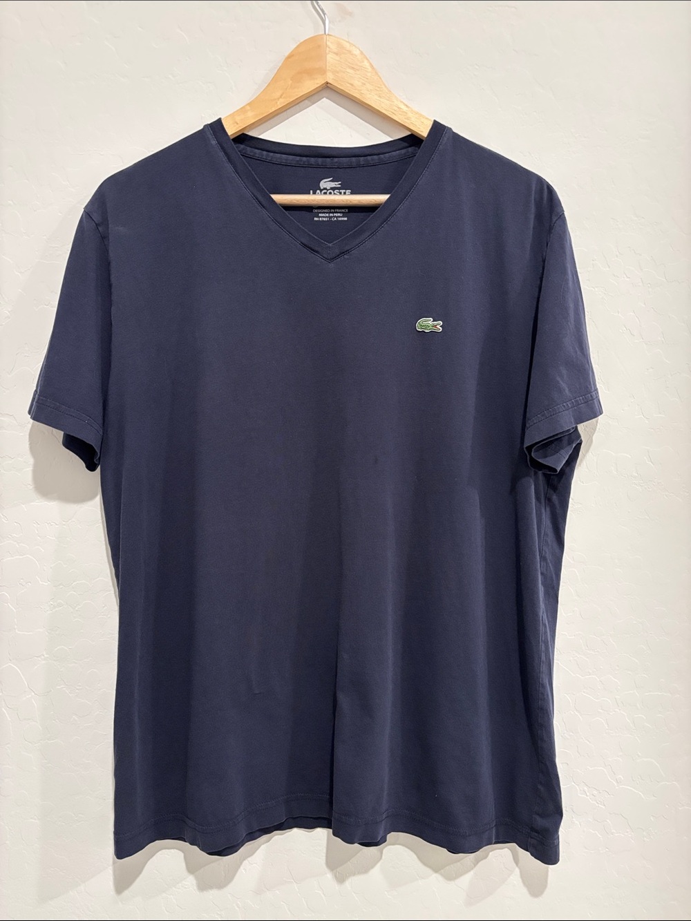Lacoste Men's Dark Navy V-Neck Tee with Green Crocodile